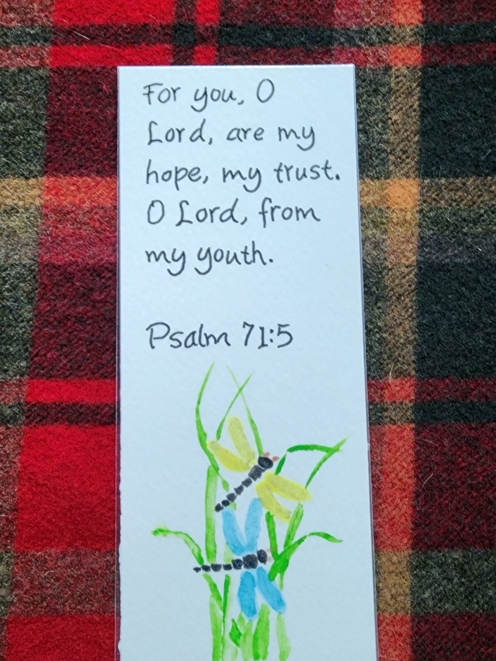 Hand-Painted Dragonfly Bookmark with Psalm 71:5 - Blue, Yellow, Green